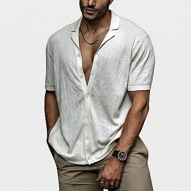Men's Knit Short Sleeve Button Down Shirt, Camp Collar Textured Blouse