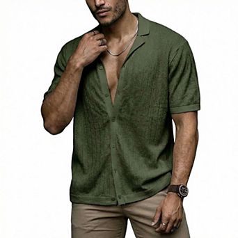 Men's Knit Short Sleeve Button Down Shirt, Camp Collar Textured Blouse