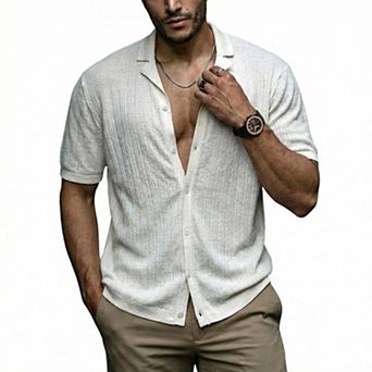 Men's Knit Short Sleeve Button Down Shirt, Camp Collar Textured Blouse