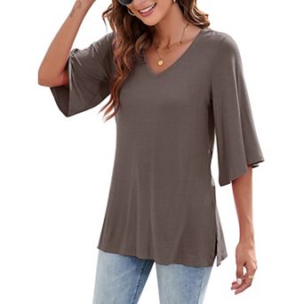 GlowSol Womens 3/4 Bell Sleeve Dressy Casual Ruched Side Slits Blouses V Neck Work Loose Tops