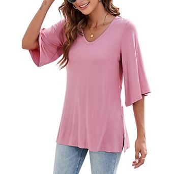 GlowSol Womens 3/4 Bell Sleeve Dressy Casual Ruched Side Slits Blouses V Neck Work Loose Tops