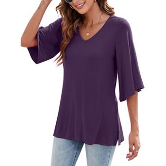 GlowSol Womens 3/4 Bell Sleeve Dressy Casual Ruched Side Slits Blouses V Neck Work Loose Tops