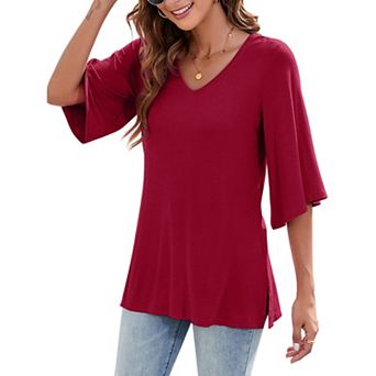 GlowSol Womens 3/4 Bell Sleeve Dressy Casual Ruched Side Slits Blouses V Neck Work Loose Tops