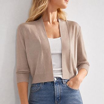 Women's Open Front Cropped Bolero Shrugs Casual Lightweight Knit 3/4 Sleeve Short Cardigan Sweaters