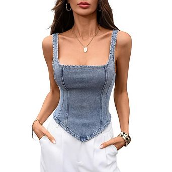 Women's Square Neck Sleeveless Corset Asymmetrical Hem Denim Tank Top