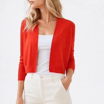 Women's Open Front Cropped Bolero Shrugs Casual Lightweight Knit 3/4 Sleeve Short Cardigan Sweaters