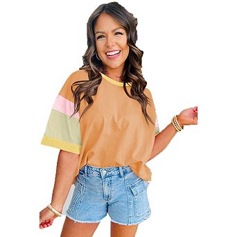 Women's Color Block Short Sleeve Tee Casual Crew Neck Loose Fit Summer Daily Wear