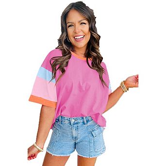 Women's Color Block Short Sleeve Tee Casual Crew Neck Loose Fit Summer Daily Wear