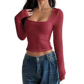 Women's Square Neck Long Sleeve T Shirts Square Neck Long Sleeve Sweaters Casual Solid Slim Fit Tops