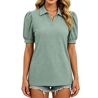 Women's Eyelet Polo Shirts Puff Short Sleeve V Neck Casual Loose Summer Blouses Tops