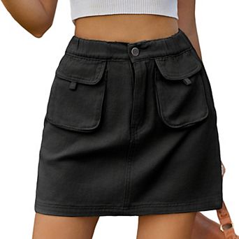 Womens Elastic Waist Denim Mini Skirt High Waisted A Line Jean Skirt with Pockets