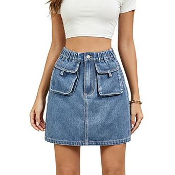 Womens Elastic Waist Denim Mini Skirt High Waisted A Line Jean Skirt with Pockets