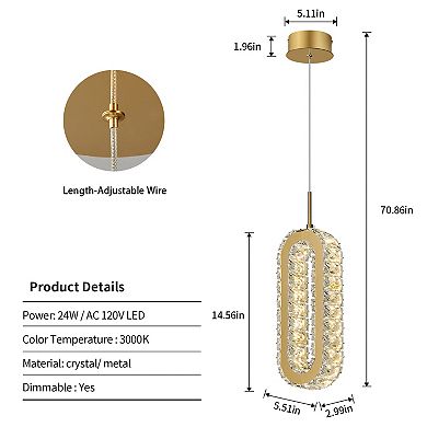 ZLAIQB 1-Light Chrome Oval Crystal Modern 14.56in Pendant Light