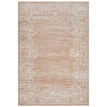 Vintage Floral Bordered Area Rug Elegant, Washable Non-Slip Low Pile Carpet for Living Room Bedroom