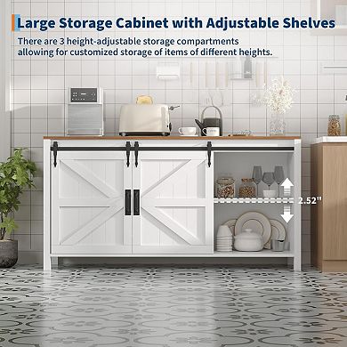 Farmhouse Sideboard Buffet Cabinet with Sliding Barn Doors & 4 Drawers Wood Kitchen Cabinet