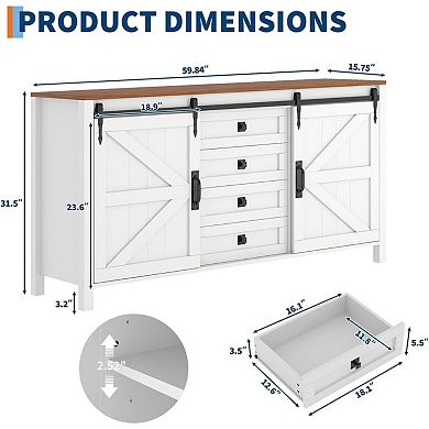 Farmhouse Sideboard Buffet Cabinet with Sliding Barn Doors & 4 Drawers Wood Kitchen Cabinet