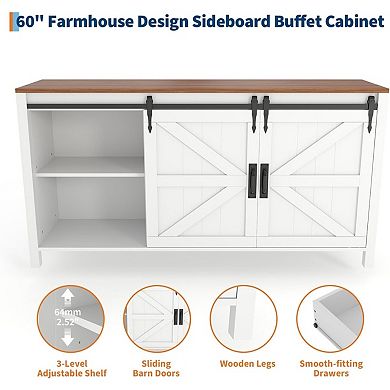 Farmhouse Sideboard Buffet Cabinet with Sliding Barn Doors & 4 Drawers Wood Kitchen Cabinet