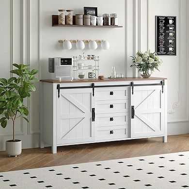 Farmhouse Sideboard Buffet Cabinet with Sliding Barn Doors & 4 Drawers Wood Kitchen Cabinet