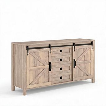 Farmhouse Sideboard Buffet Cabinet with Sliding Barn Doors & 4 Drawers Wood Kitchen Cabinet