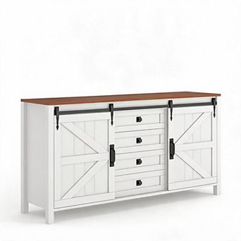 Farmhouse Sideboard Buffet Cabinet with Sliding Barn Doors & 4 Drawers Wood Kitchen Cabinet