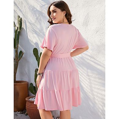 Women's V-Neck Wrap Tiered Mini Dress, Belted Casual Dress
