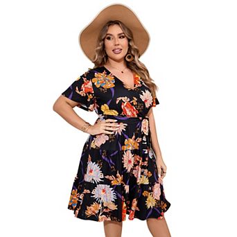 Women's V-Neck Wrap Tiered Mini Dress, Belted Casual Dress