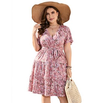 Women's V-Neck Wrap Tiered Mini Dress, Belted Casual Dress