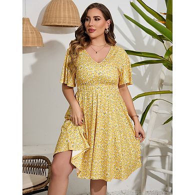 Women's V-Neck Flutter Sleeve Mini Dress, Elastic Waist Casual Dress