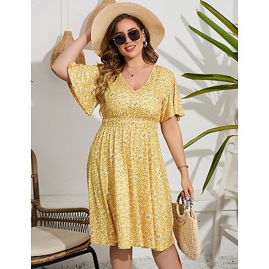 Women's V-Neck Flutter Sleeve Mini Dress, Elastic Waist Casual Dress