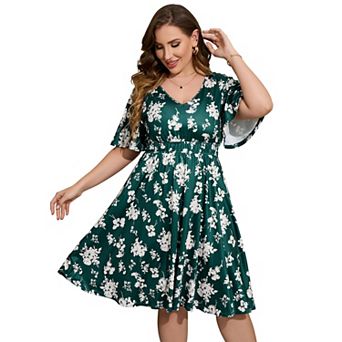 Women's V-Neck Flutter Sleeve Mini Dress, Elastic Waist Casual Dress