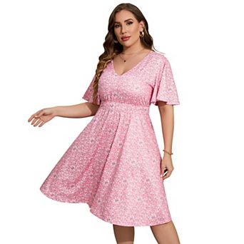 Women's V-Neck Flutter Sleeve Mini Dress, Elastic Waist Casual Dress