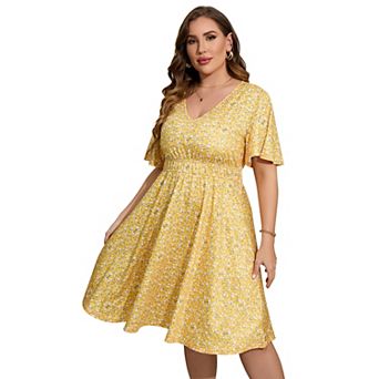 Women's V-Neck Flutter Sleeve Mini Dress, Elastic Waist Casual Dress