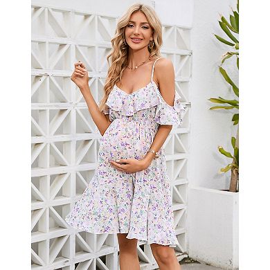 Women's Cold Shoulder Ruffle Floral Mini Dress, Spaghetti Strap Casual Dress