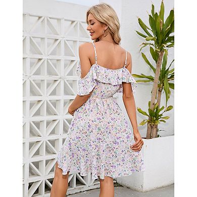 Women's Cold Shoulder Ruffle Floral Mini Dress, Spaghetti Strap Casual Dress