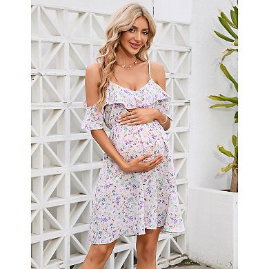 Women's Cold Shoulder Ruffle Floral Mini Dress, Spaghetti Strap Casual Dress