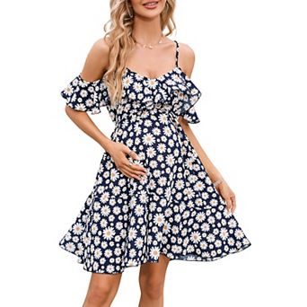 Women's Cold Shoulder Ruffle Floral Mini Dress, Spaghetti Strap Casual Dress
