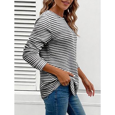 Women's Plus Size Long Sleeve Crew Neck Striped Knit Tunic Top for Casual Outings
