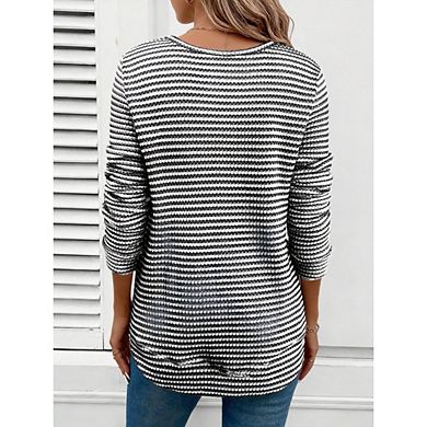 Women's Plus Size Long Sleeve Crew Neck Striped Knit Tunic Top for Casual Outings