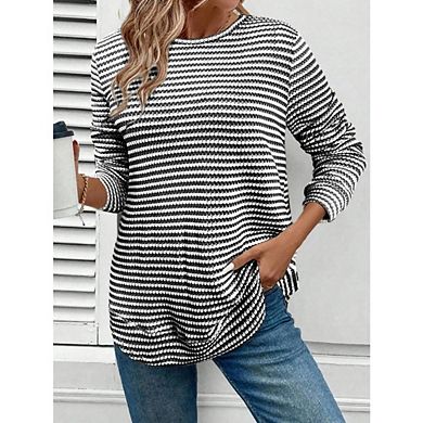 Women's Plus Size Long Sleeve Crew Neck Striped Knit Tunic Top for Casual Outings