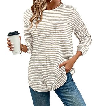 Women's Plus Size Long Sleeve Crew Neck Striped Knit Tunic Top for Casual Outings