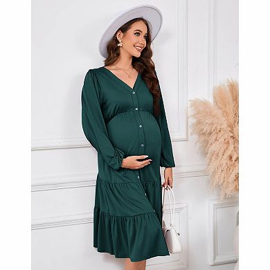 Women's Tiered Long Sleeve Maternity Midi Dress