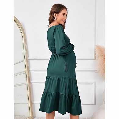 Women's Tiered Long Sleeve Maternity Midi Dress