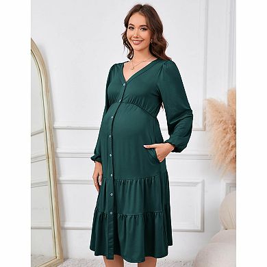 Women's Tiered Long Sleeve Maternity Midi Dress