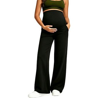 Maternity Wide Leg Yoga Pants, Over Belly High Waist Lounge Trousers with Pockets for Pregnancy