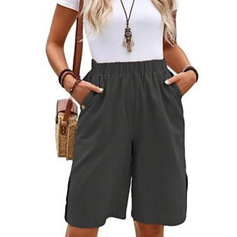Women’s High Waist Comfy Shorts, Elastic Waist Casual Pocket Shorts with Side Buttons