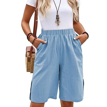 Women’s High Waist Comfy Shorts, Elastic Waist Casual Pocket Shorts with Side Buttons