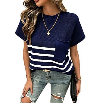 Women's Short Sleeve Crew Neck Striped Knit Sweater Top with Pocket for Casual Outings