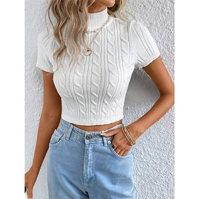 Women's Short Sleeve Mock Neck Cable Knit Crop Top for Casual Outings