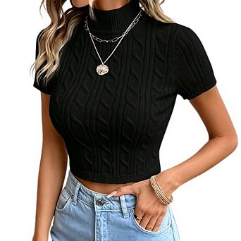 Women's Short Sleeve Mock Neck Cable Knit Crop Top for Casual Outings