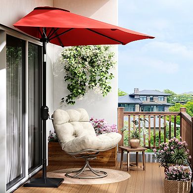 9FT Patio Umbrella - Half Umbrella Outdoor with Solar LED Lights and Smooth Crank Lift